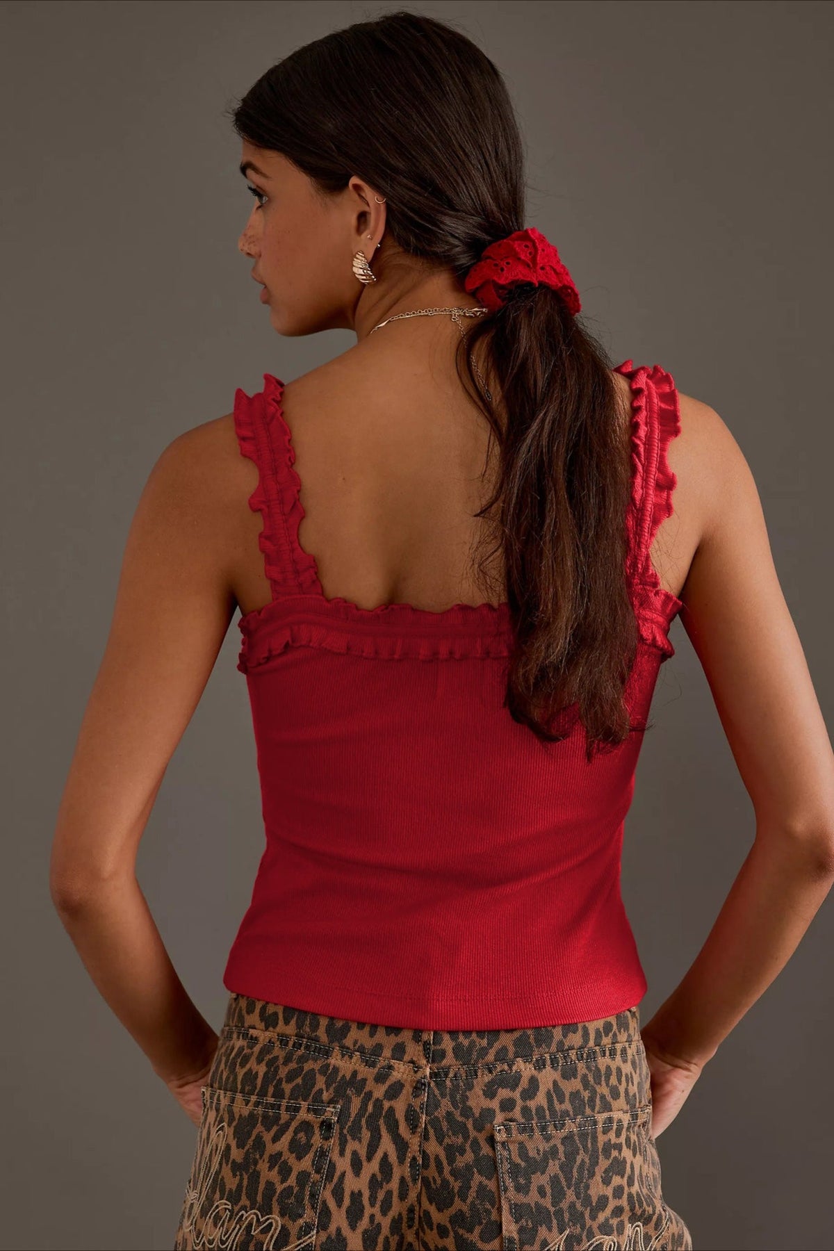 Ruffle Bow Spaghetti Strap Ribbed Tank Top