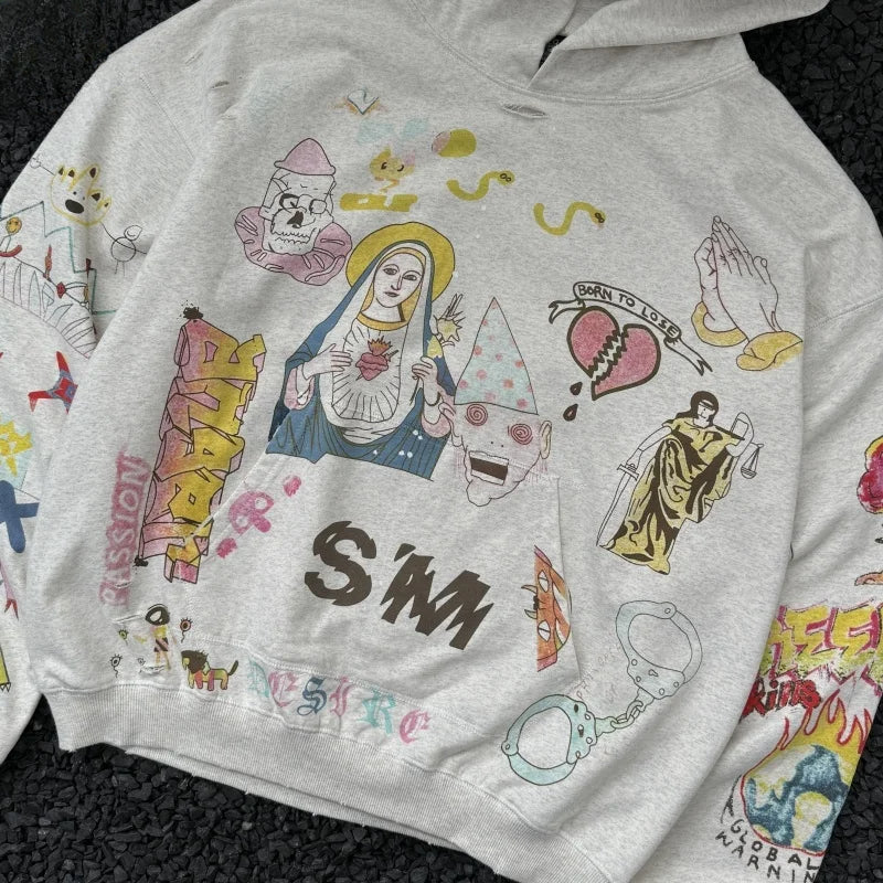 Graffiti Print Distressed Pullover Hoodie