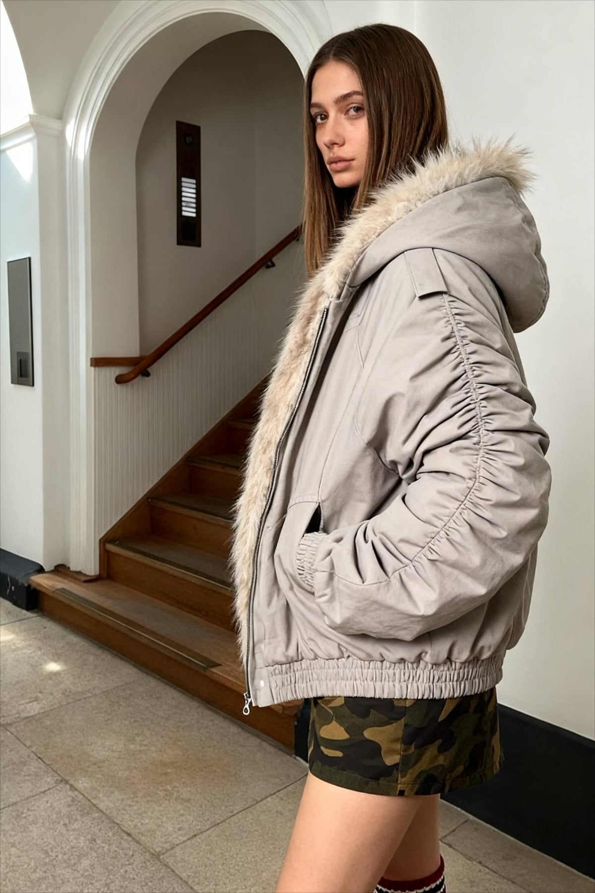 Fur-Lined Oversized Bomber Jacket