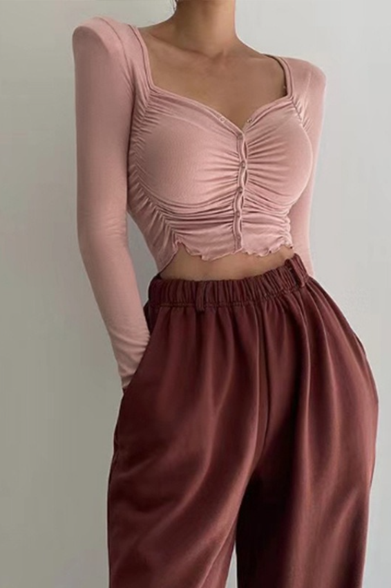Ruffled Ruched Square Neck Padded Shoulder Slim Crop Top
