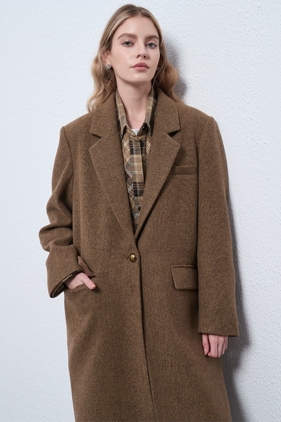 Wool Cashmere Herringbone Mid Long Thick Overcoat