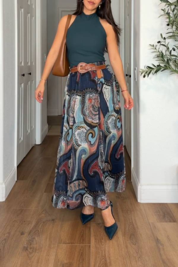Retro Paisley Print Belted A-Line Skirt