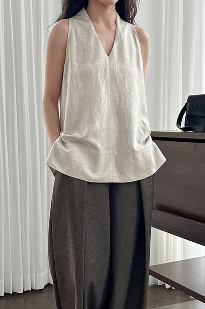 Halter V Neck Linen Casual Tank Top