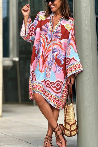 Lucia Linen Blend Vacation-style Print Tie-up Neck Long Sleeve Pocket Loose Mini Dress