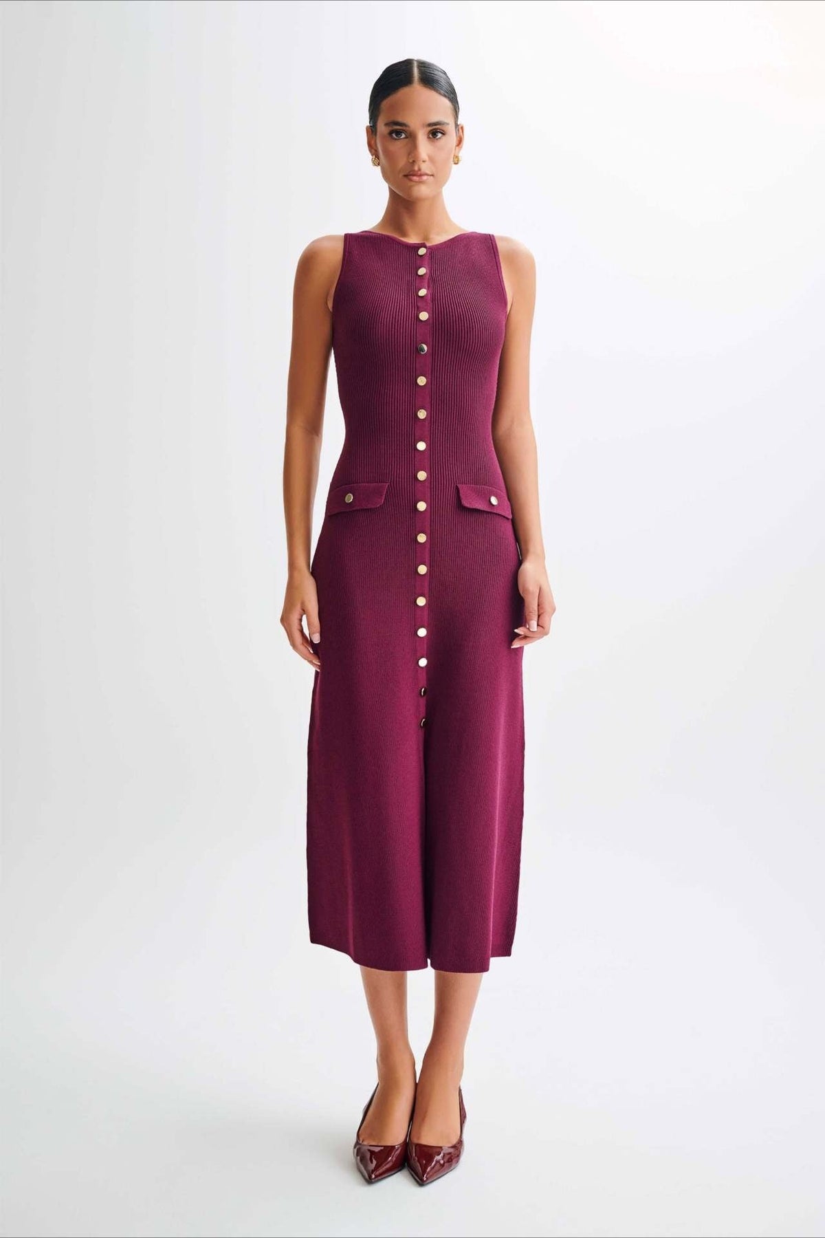Buttoned Crewneck Sleeveless Knit Bodycon Maxi Sweater Dress