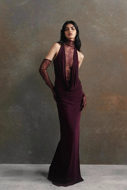 High Neck Lace Illusion Panel Halter Draped Maxi Formal Gown