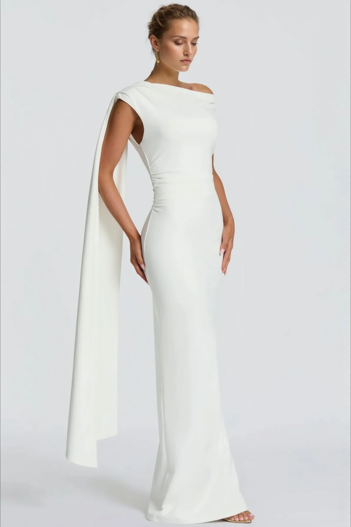 Sexy Asymmetrical Neck Long Sleeve Fitted Ruched High Waist Party Dress