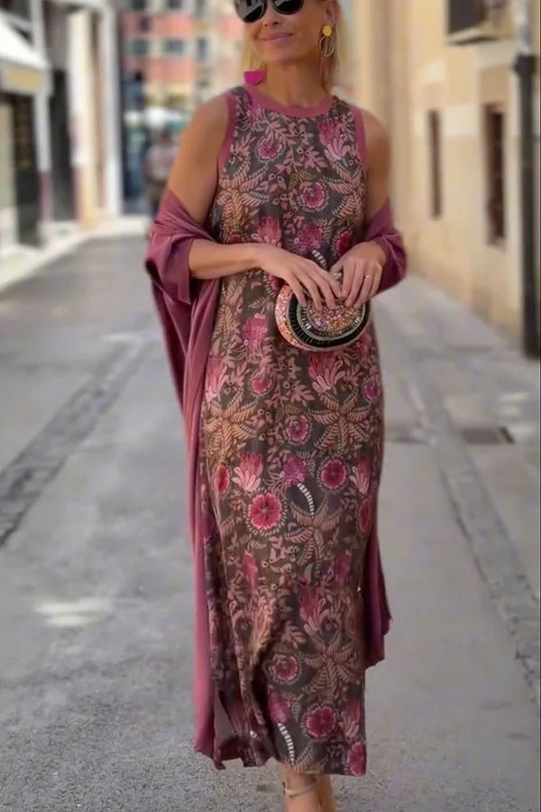 Riviera Unique Print Slit Tank Midi Dress and Satin Kimono Cover-up Two Pieces Set