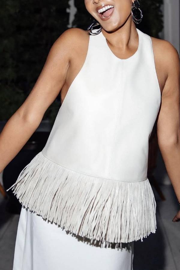 Multi-Color PU Leather Backless Tassel Sleeveless Top