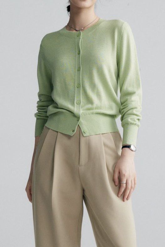 Solid Color Round Neck Knit Cardigan
