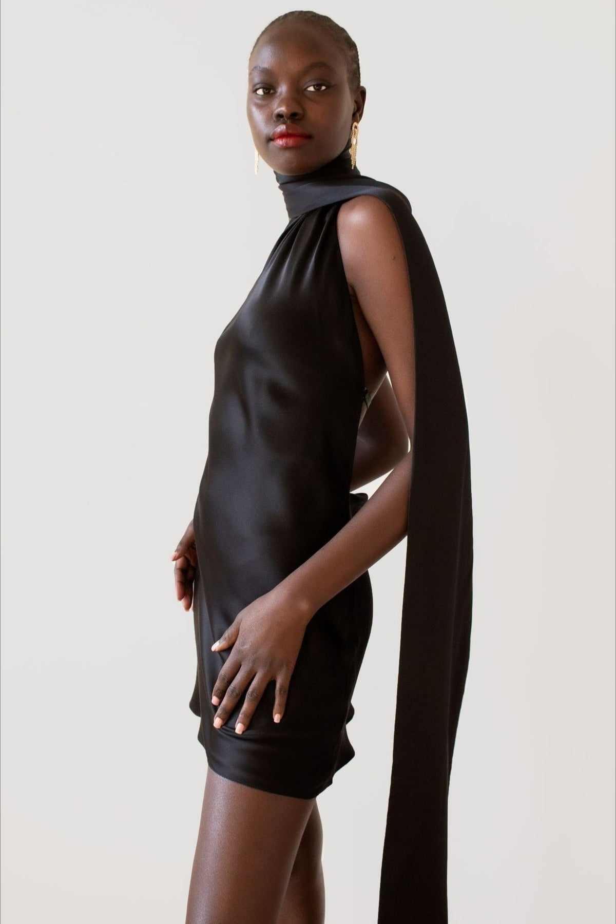 Halter Neck Sash Scarf Draped Satin Backless Mini Dress
