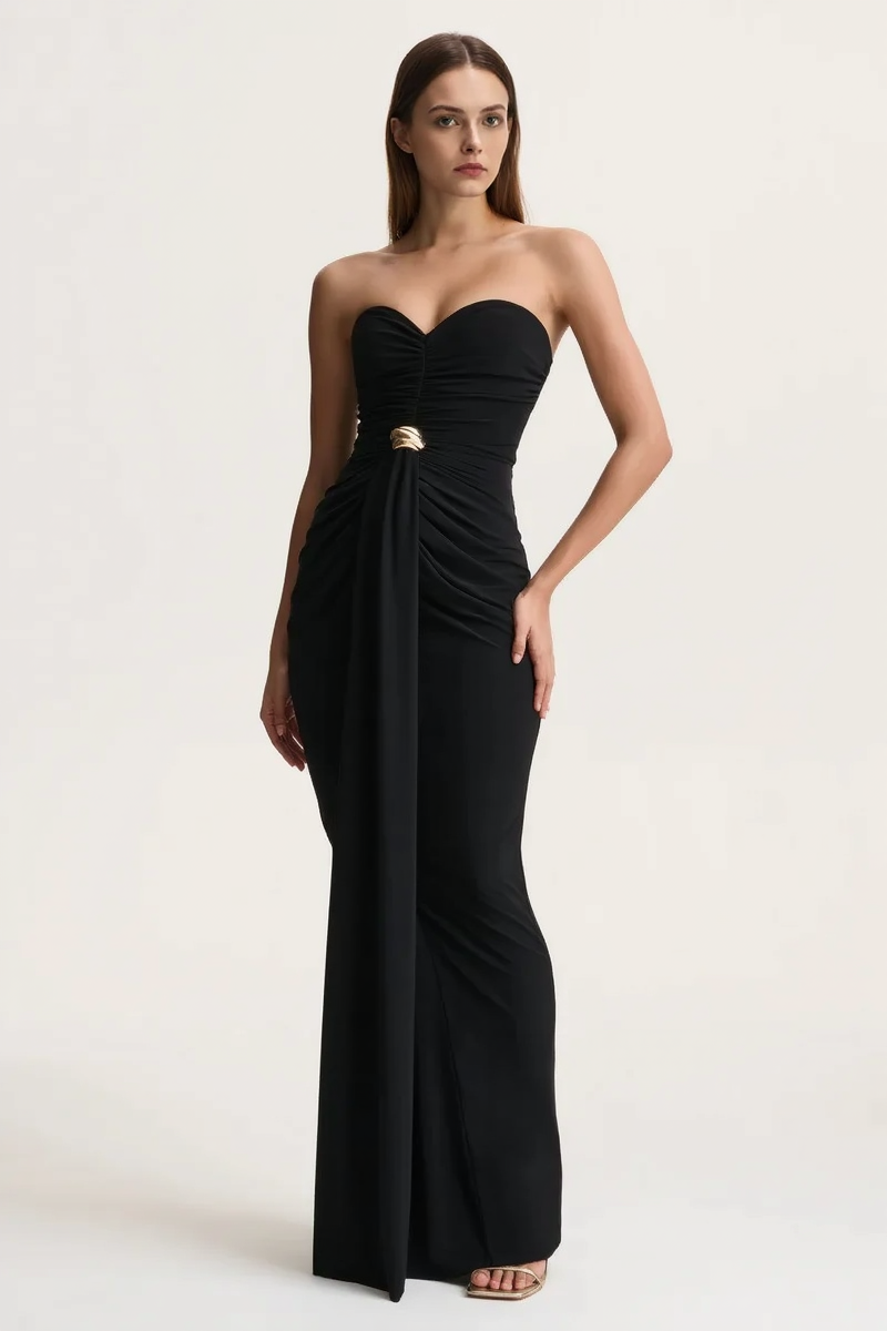 Sexy Sleeveless Ruched Waist Cinched Sash Strapless Party Dress