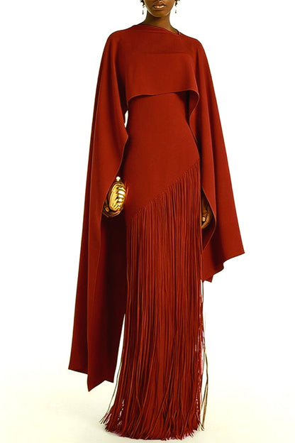 Fringe Hem Slim Fit Shawl Design Boho Dress