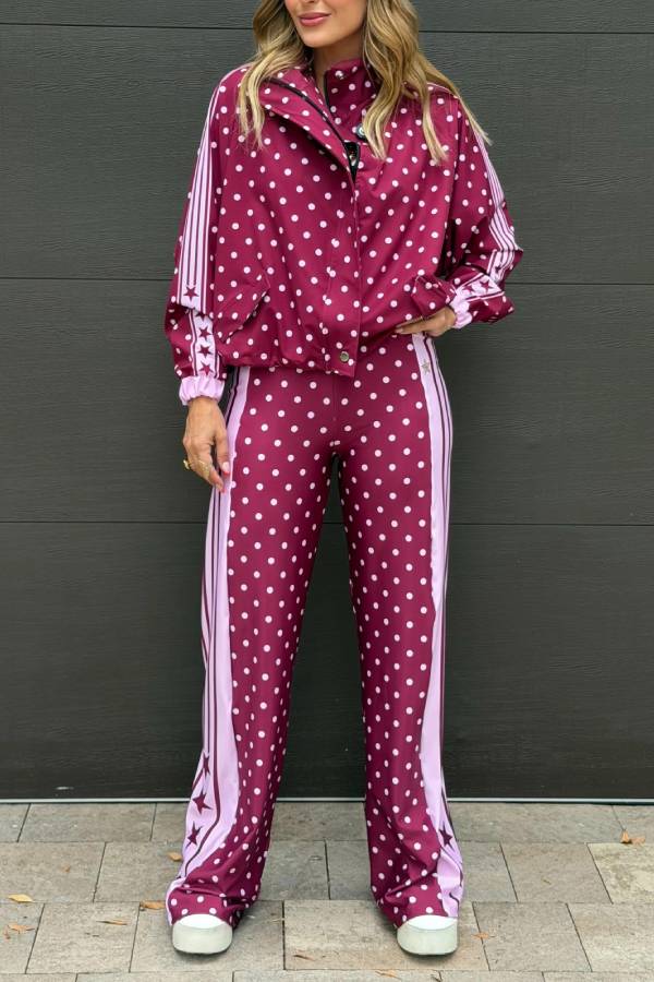Lucienne Polka Dot Striped Star Print Zipper High Neck Pocket Sporty Jacket