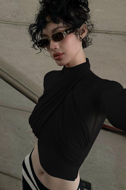 Slim Strappy Paneled Long Sleeve Stylish Crop Top