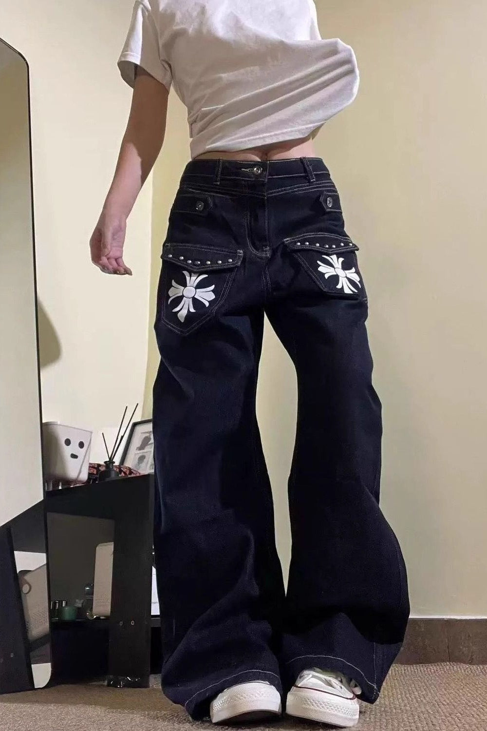 Vintage Washed Cross Print Bootcut Wide Leg Plus Size Jeans