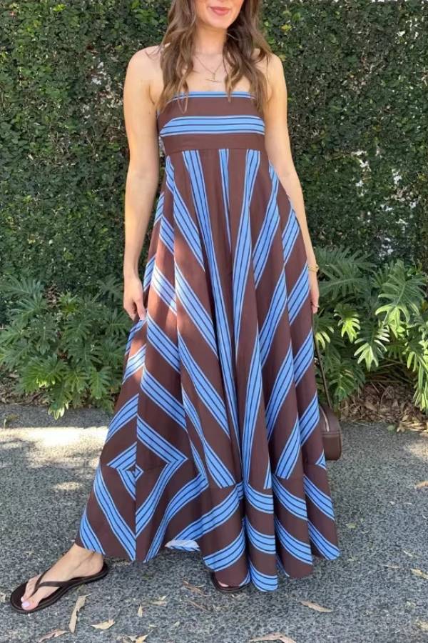 Vacation Style Striped Spaghetti Strap Waisted Maxi Dress