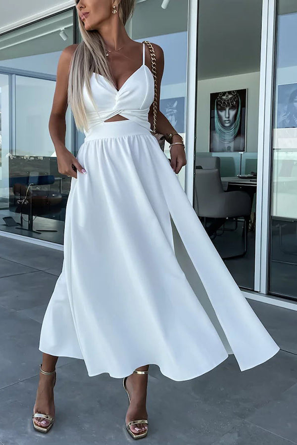Twist Front Cutout Spaghetti Strap Pocket Side Slit A-Line Midi Dress