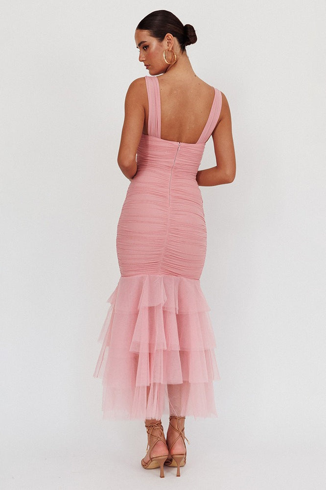 Mesh Insert Spaghetti Strap Ruched Prom Dress