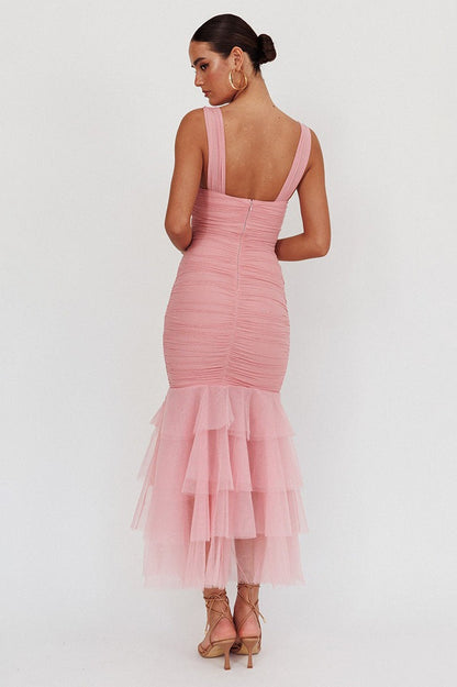 Mesh Insert Spaghetti Strap Ruched Prom Dress