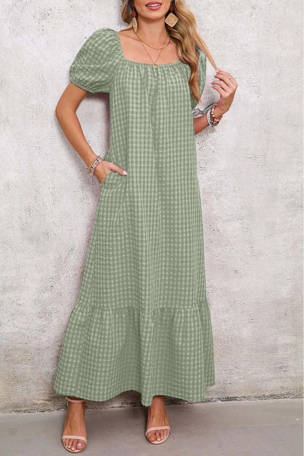 Women's Puff Sleeve Square Neck Check Maxi Dress