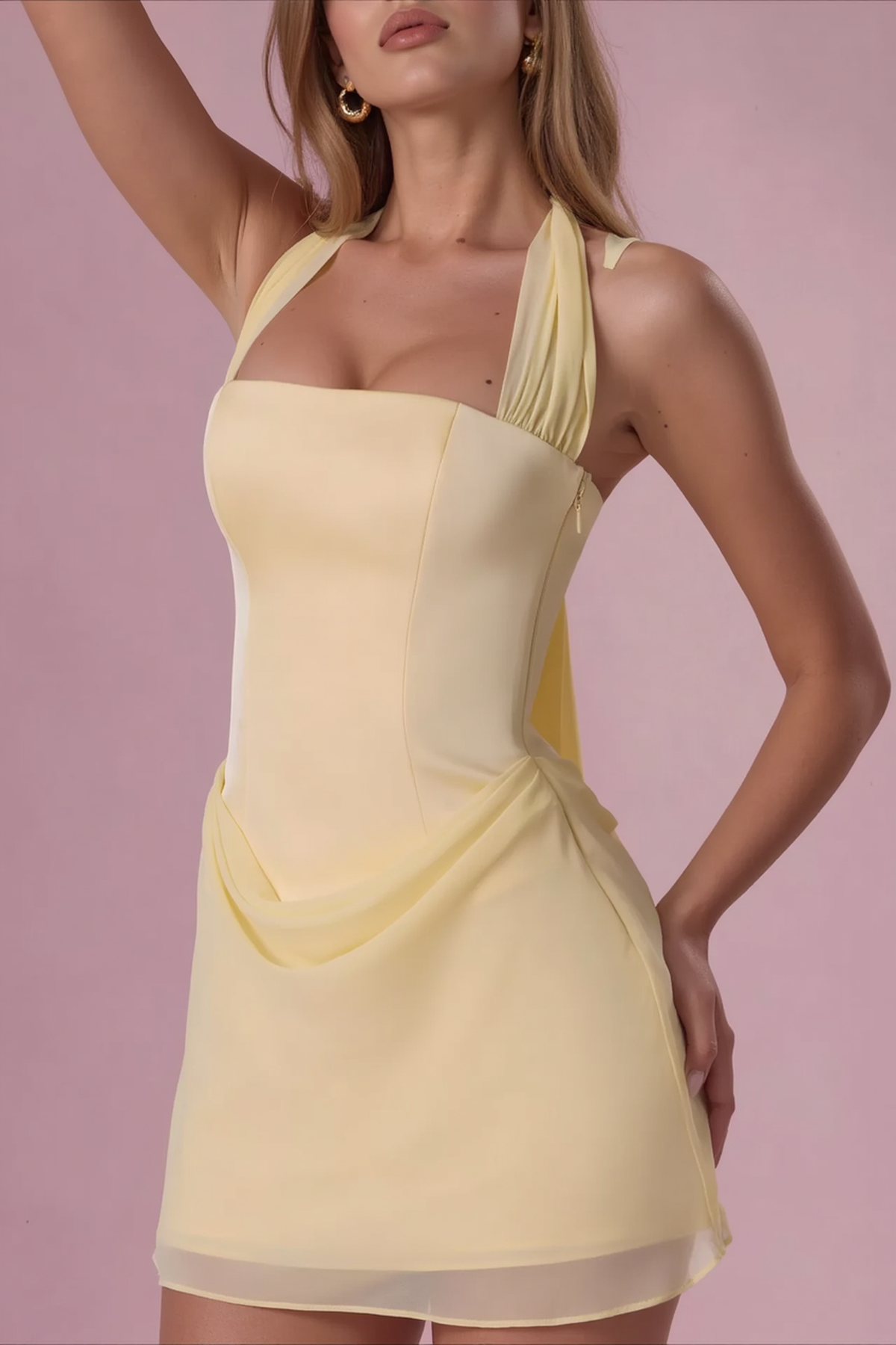 Chiffon Halter Low Cut Tie Waist Bodycon Party Dress