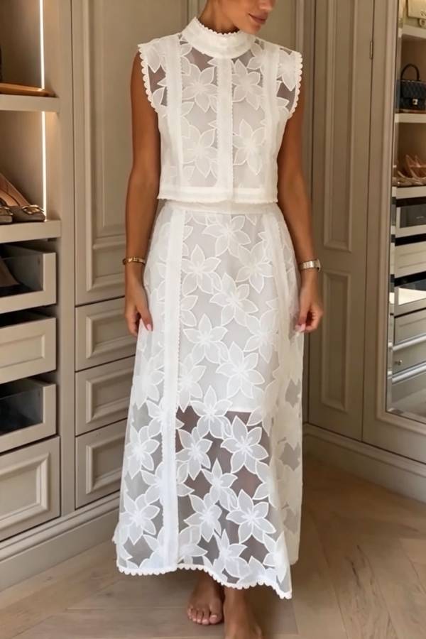 Cindy Floral Mesh Lace Embroidered High Neck Top and Elastic Waist Flare Midi Skirt Set