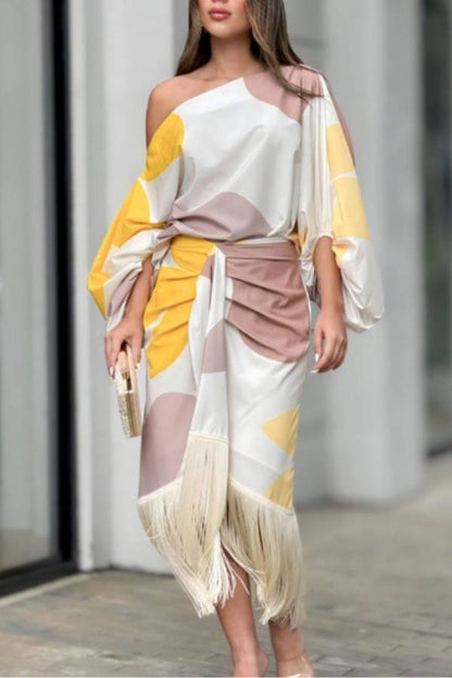 One Shoulder Tassel Satin Two Piece Set