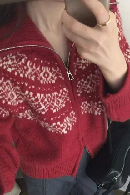 Ribbed Knit Fair Isle Zip Cardigan