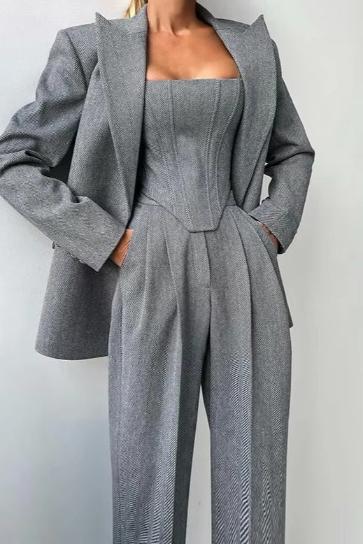 Layered Corset Style Three Piece Blazer Pants Set