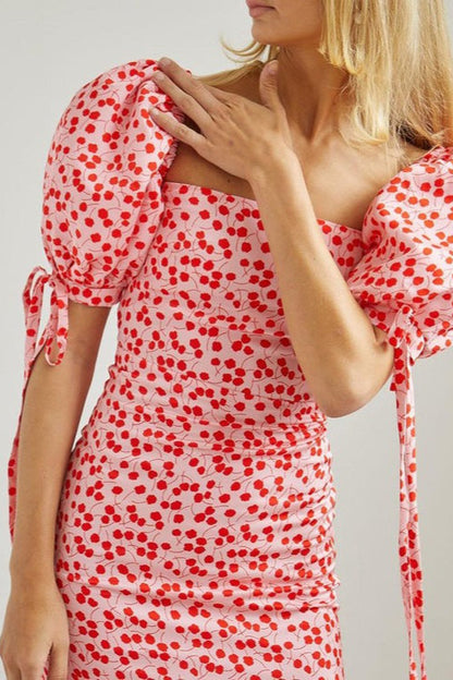 Off Shoulder Puff Sleeve Slim Floral Dress