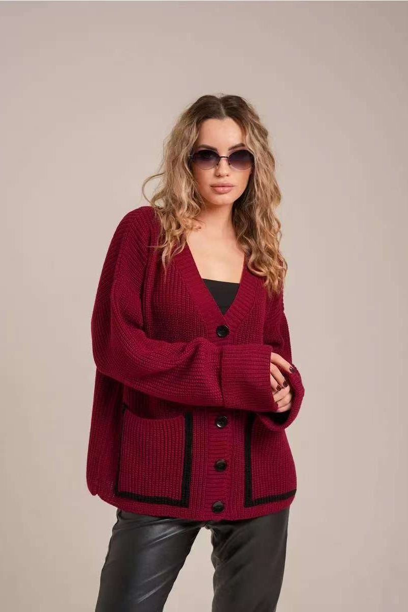 Pocket Color Block V Neck Cardigan