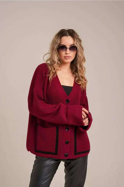 Pocket Color Block V Neck Cardigan