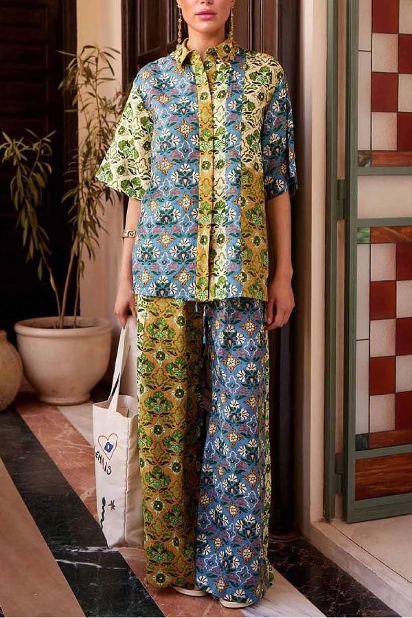 Retro Art Print Shirt & Wide-Leg Pants Two-Piece Set