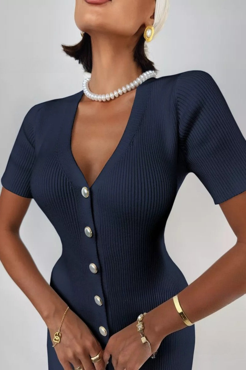 Waist Cinched V Neck Single Breasted Short Sleeve Knit Maxi Sweater Dress