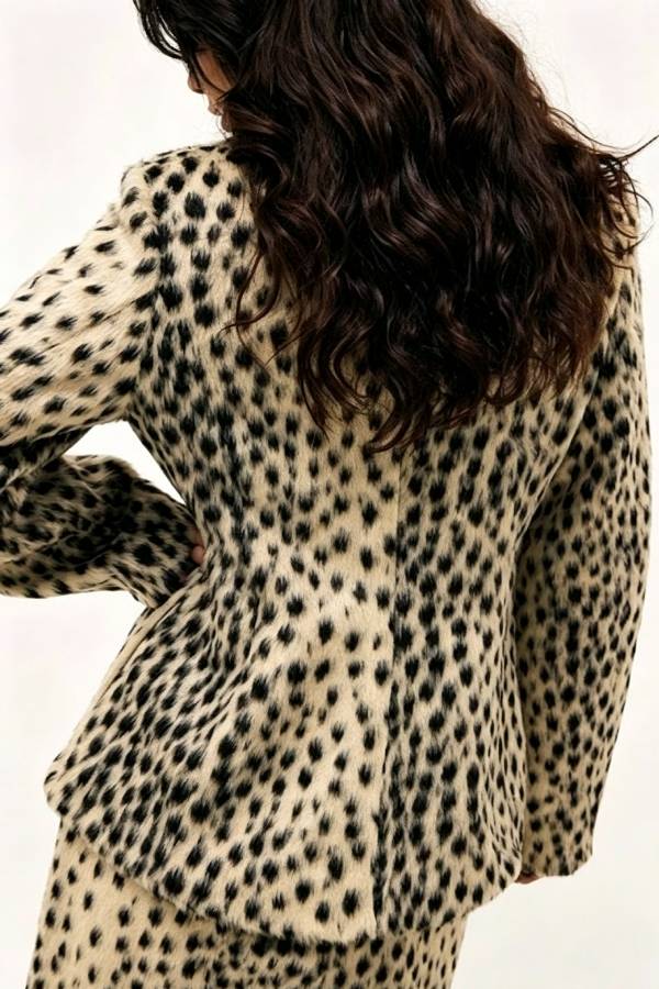Nasha Faux Fur Leopard Print Button Up Long Sleeve Lapel Jacket