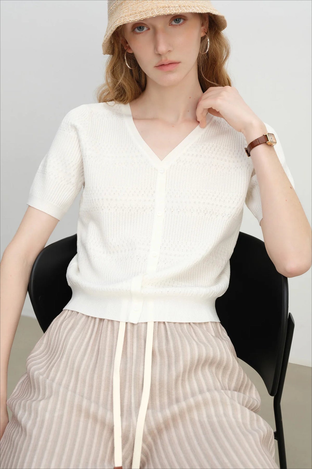French Knit V-Neck Short Sleeve Cardigan