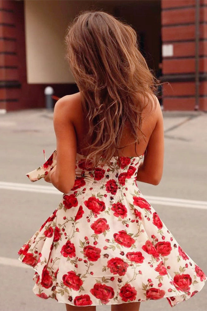 Halter Backless Rose Print A-Line Floral Dress