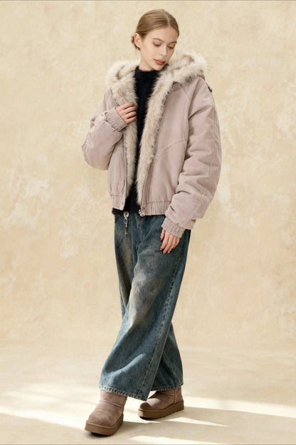Fur-Trimmed Hooded Bomber Jacket