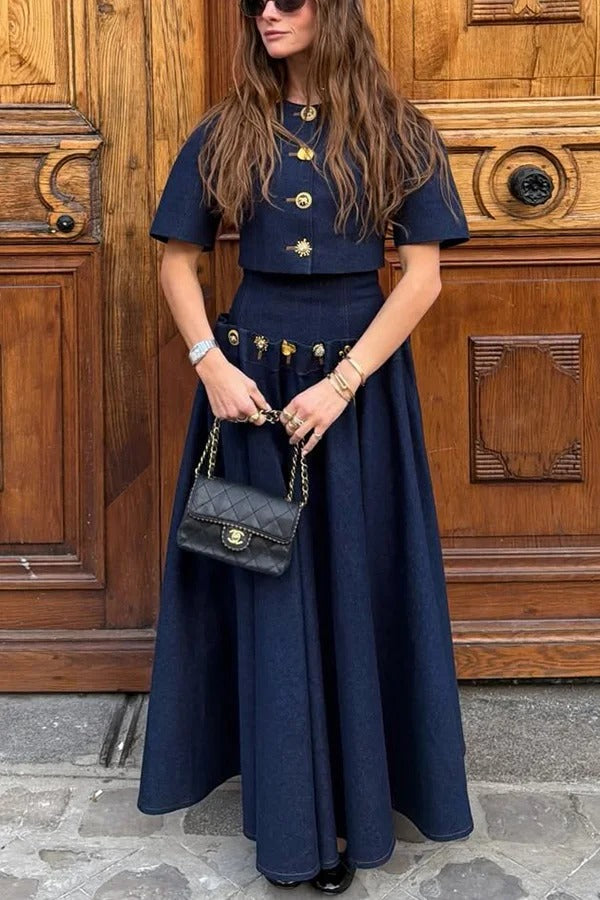 Custom Look Denim Unique Metal Pattern Buttons Slit Half Sleeve Crop Jacket