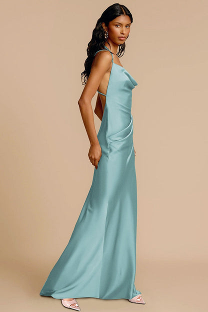 Satin Cowl Neck Spaghetti Strap Draped Side Gather Maxi Gown