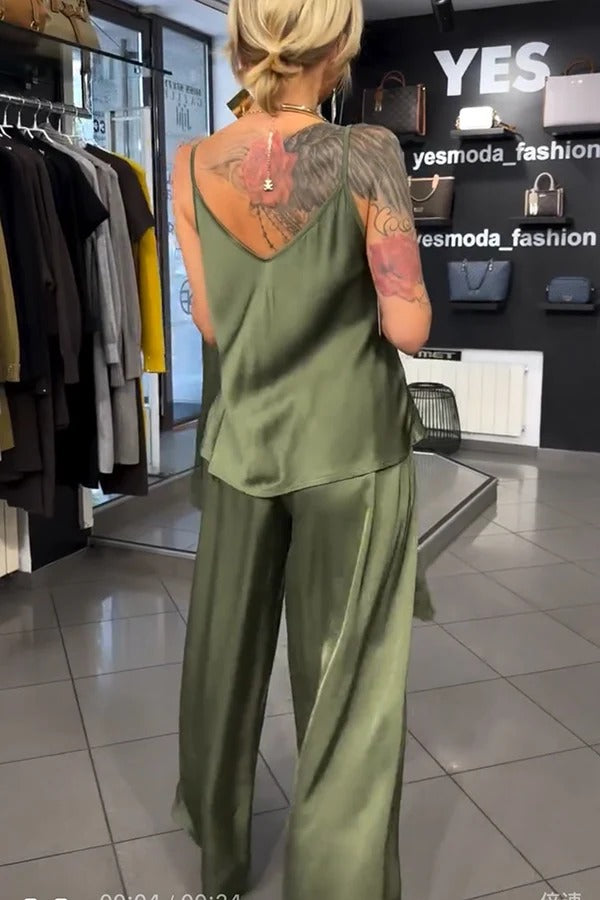 Ellie Satin Button Half Sleeve Cardigan and Tank and Elastic Waist Pocket Pants 3 Pieces Set