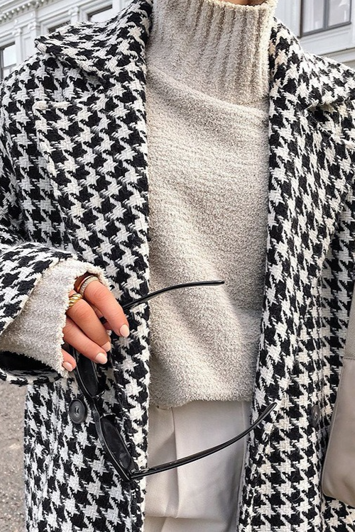 Houndstooth Long Chic Mature Overcoat