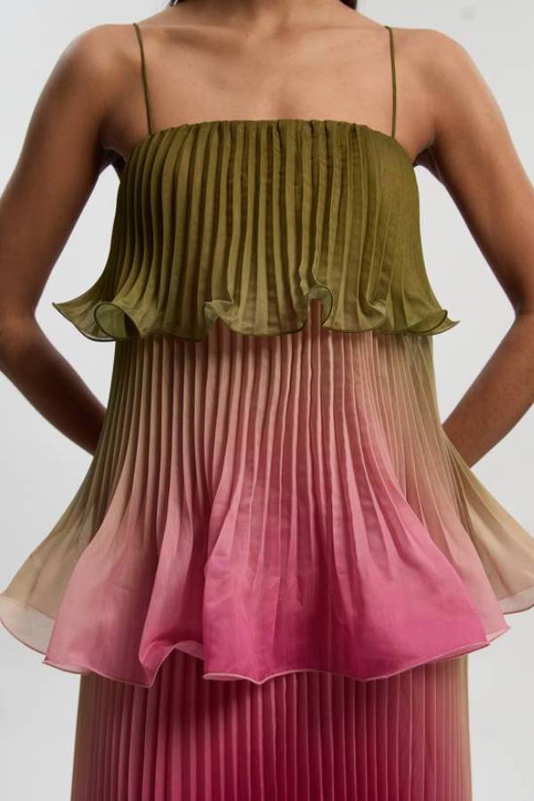 Exquisite Pleated Organza Gradient Print Layered Ruffles Slip Maxi Dress