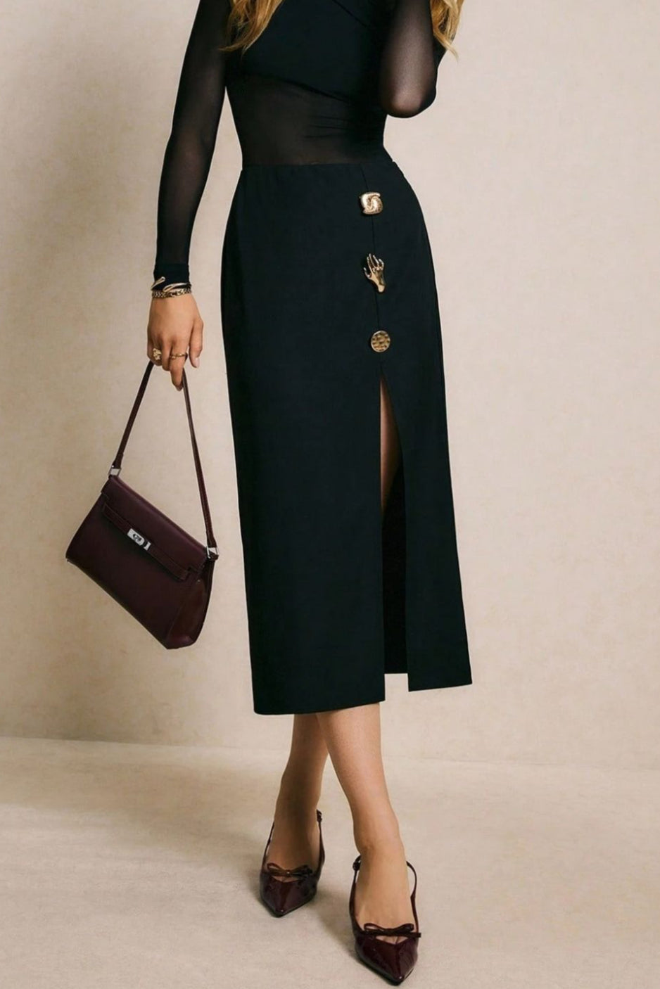 Metal Buckle High Waisted Slim Split Skirt