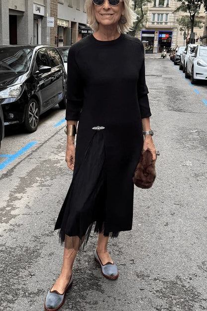Jollie Knit Long Sleeve Front Slit Midi Sweater and Pleated Tulle Stretch Tank Midi Dress Two-piece Set