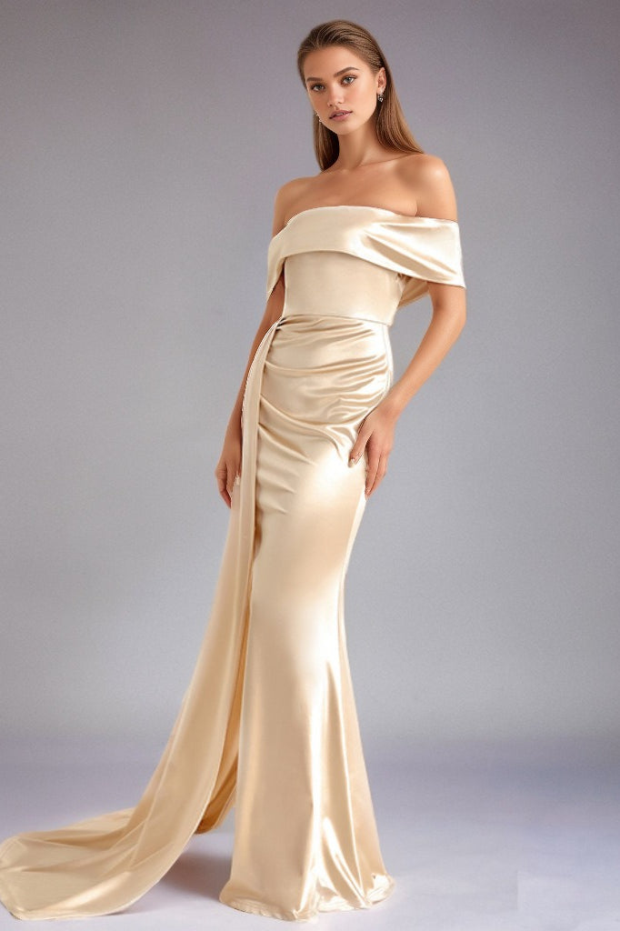 Solid Satin Off-Shoulder High-Waist Mermaid Silk Dress