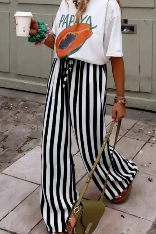 Vacation Striped Drawstring Waist Wide Leg Pants