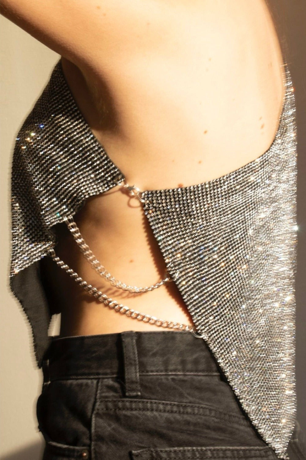 Metallic Mesh Rhinestone Off Shoulder Crop Top