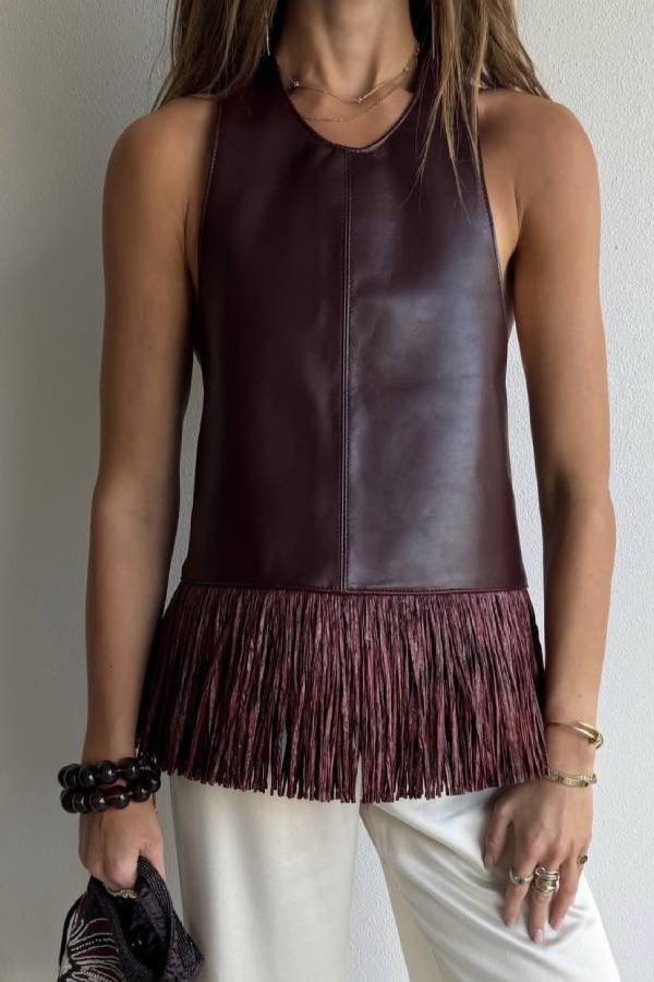 Multi-Color PU Leather Backless Tassel Sleeveless Top